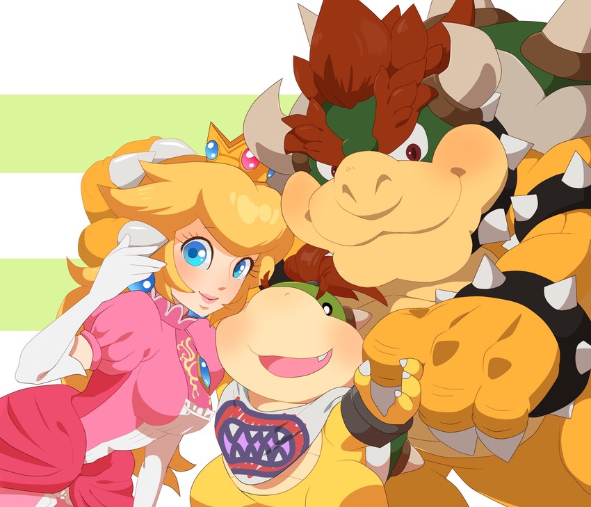 princess peach, bowser, and bowser jr. (mario) drawn by zabumaku