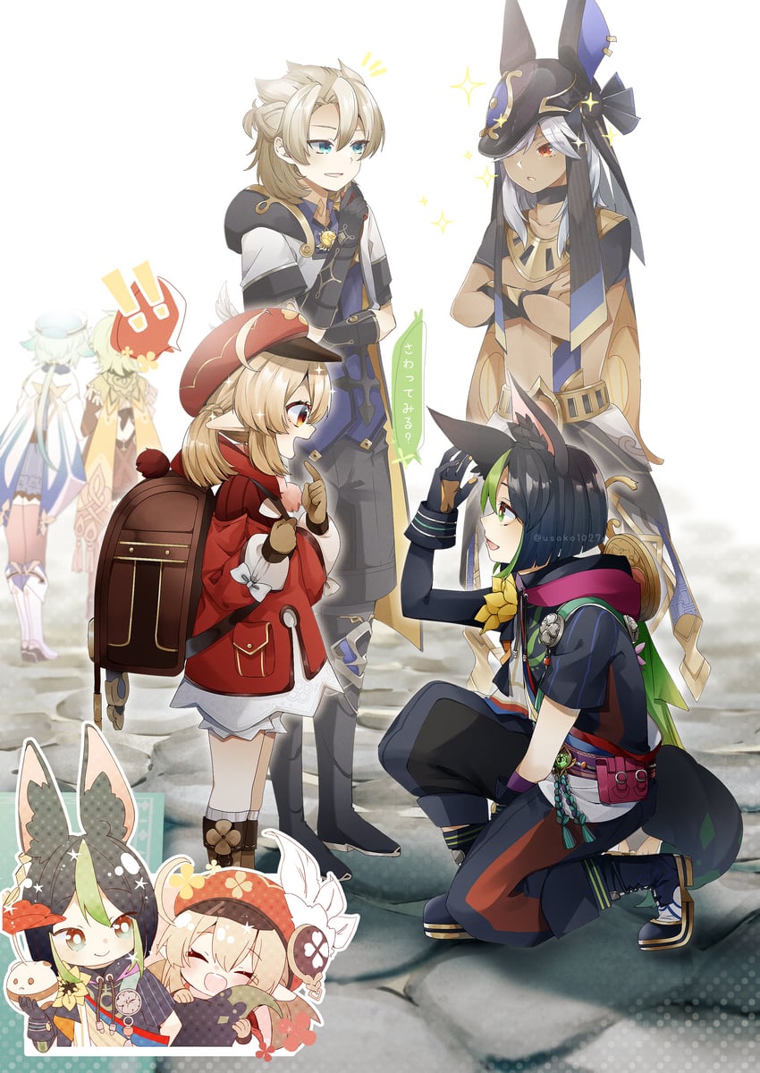 klee, tighnari, albedo, cyno, jumpy dumpty, and 2 more (genshin impact) drawn by usako_(usako1031)