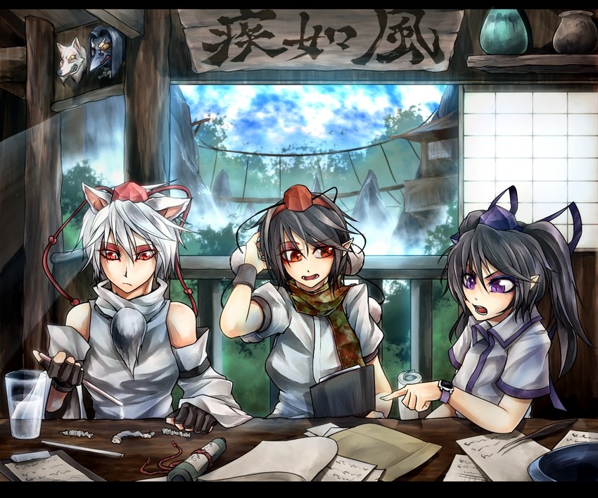 shameimaru aya, inubashiri momiji, and himekaidou hatate (touhou) drawn by ryuuichi_(f_dragon)