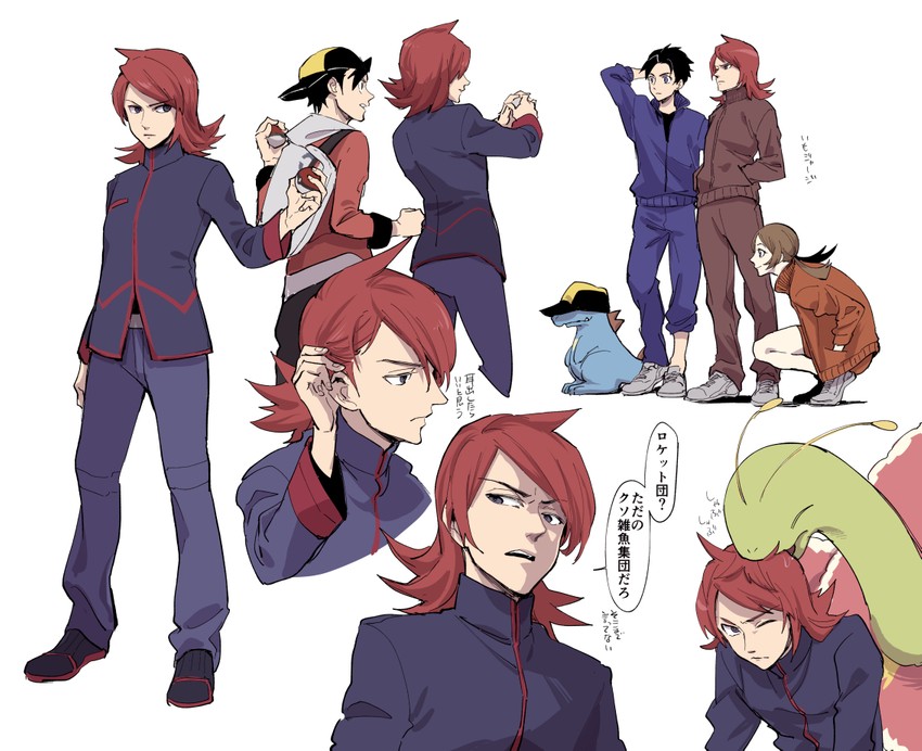ethan, lyra, silver, totodile, and meganium (pokemon and 1 more) drawn by monji_samonji