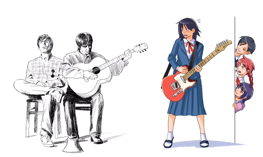hatono chihiro, kouyama rin, fujii ayame, uchida momo, liam gallagher, and 1 more (real life and 2 more) drawn by kanasaki_taisuke