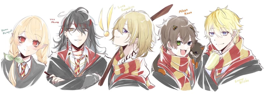 pomu rainpuff, vox akuma, luca kaneshiro, sonny brisko, and alban knox (nijisanji and 3 more) drawn by yukishiro_(boma_winter)