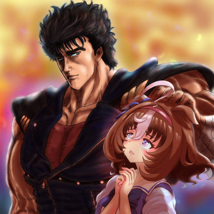 trainer, meisho doto, and kenshiro (umamusume and 1 more) drawn by tomotan_(pixiv_30448887)