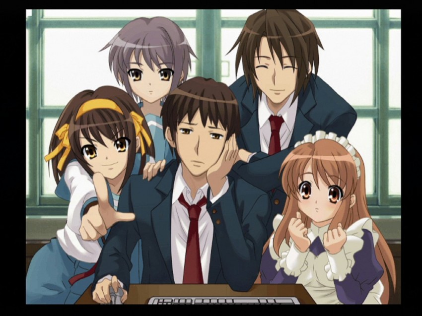 suzumiya haruhi, nagato yuki, asahina mikuru, kyon, and koizumi itsuki (suzumiya haruhi no yuuutsu)