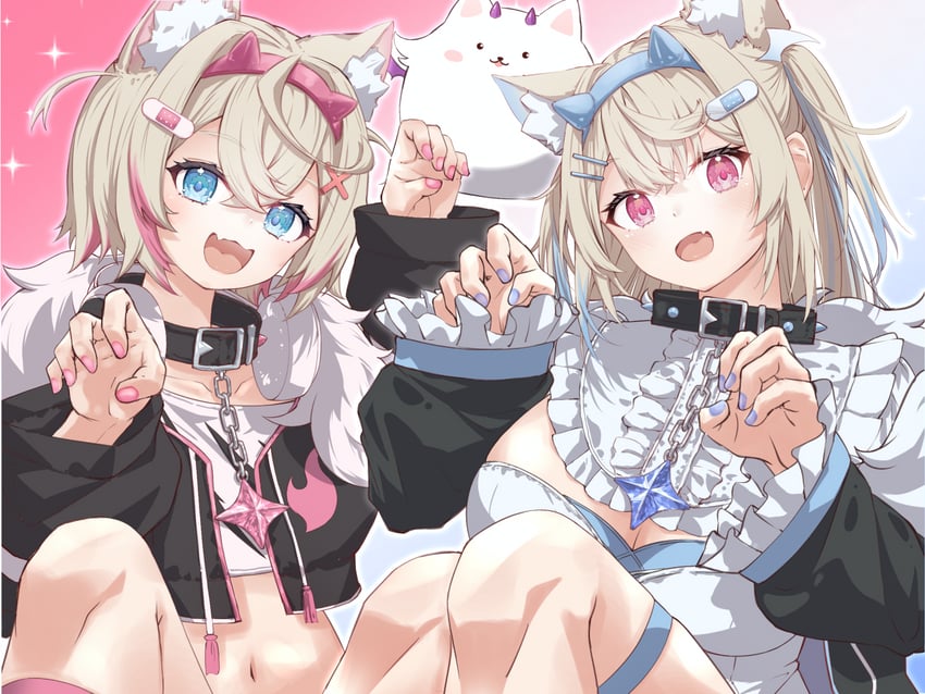 fuwawa abyssgard, mococo abyssgard, and perroccino (hololive and 1 more) drawn by u_da_desu