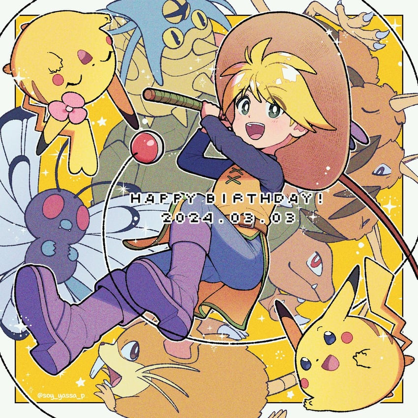 pikachu, yellow, butterfree, pika, raticate, and 4 more (pokemon and 1 more) drawn by pon_(soy_yassa_p)