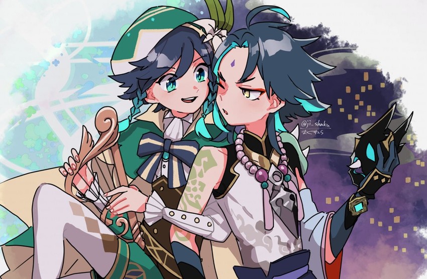 venti and xiao (genshin impact) drawn by magnera_nora