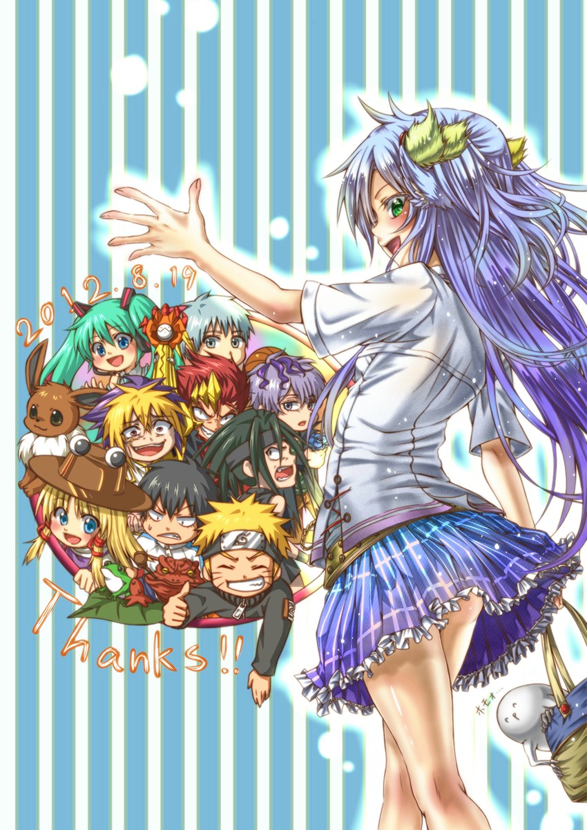 hatsune miku, moriya suwako, eevee, uzumaki naruto, garry, and 2 more (original and 8 more) drawn by nora_wanko