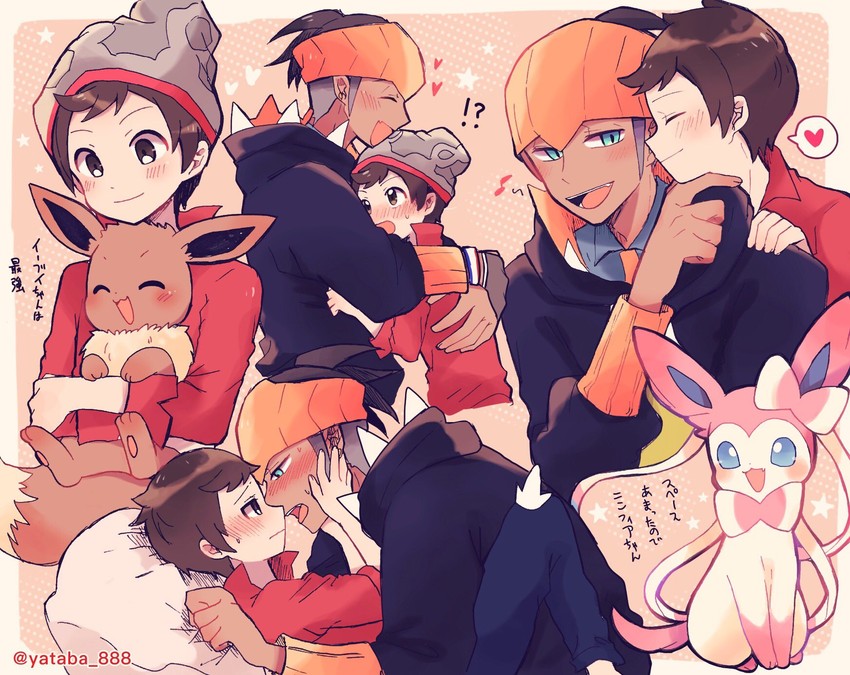 eevee, raihan, sylveon, and victor (pokemon and 1 more) drawn by yataba_(pk_ytb)