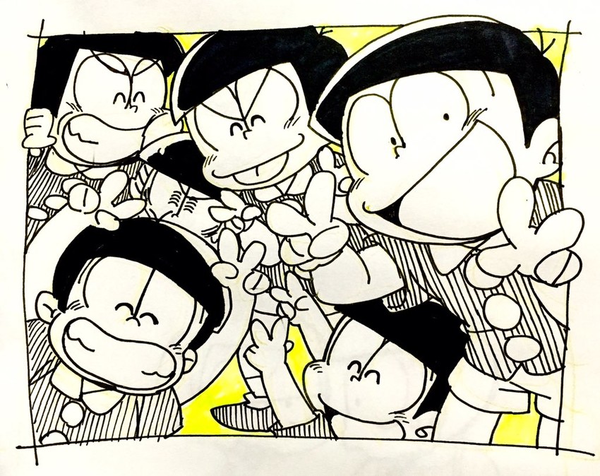 matsuno osomatsu, matsuno karamatsu, matsuno ichimatsu, matsuno jyushimatsu, matsuno choromatsu, and 1 more (osomatsu and 1 more) drawn by sameyama_jiro