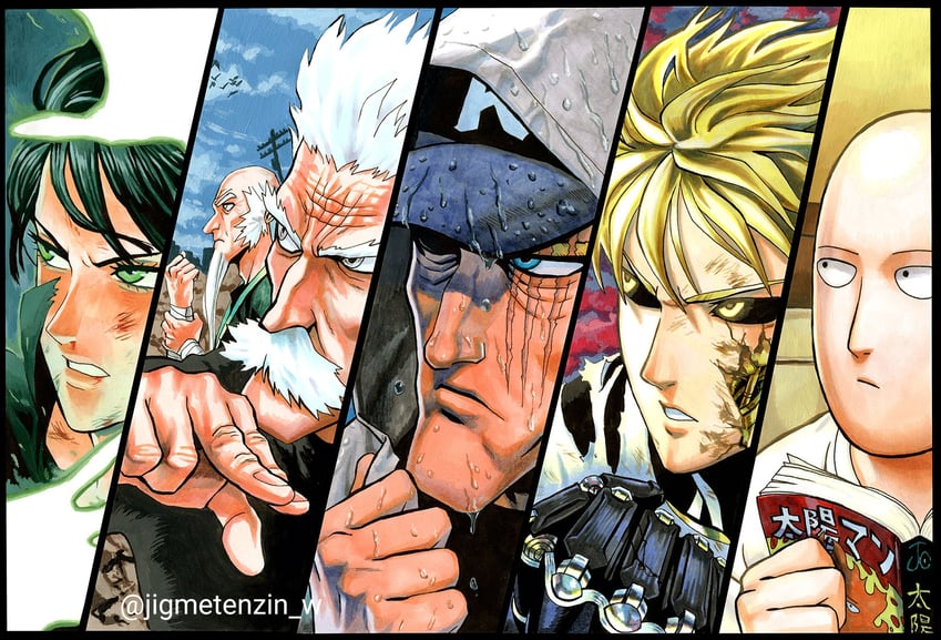 fubuki, saitama, genos, king, bang, and 1 more (one-punch man) drawn by jigme_tenzin_wangchuk
