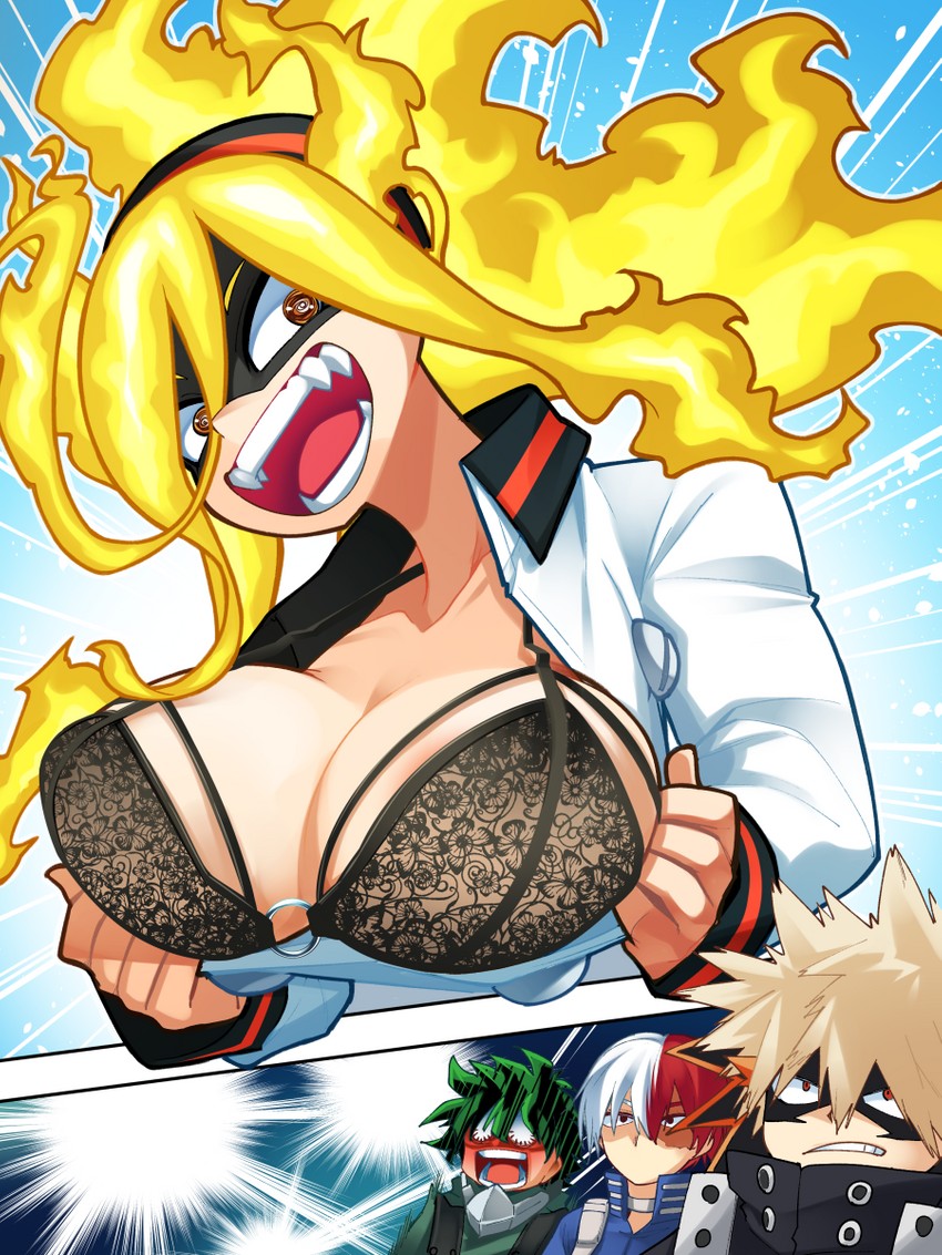 midoriya izuku, bakugou katsuki, todoroki shoto, and burnin (boku no hero academia) drawn by poco_(pocopocomeron)