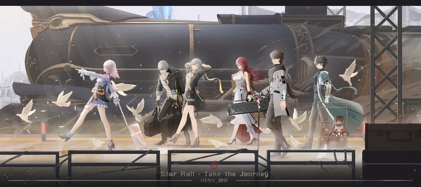 trailblazer, stelle, march 7th, caelus, dan heng, and 3 more (honkai and 1 more) drawn by henv