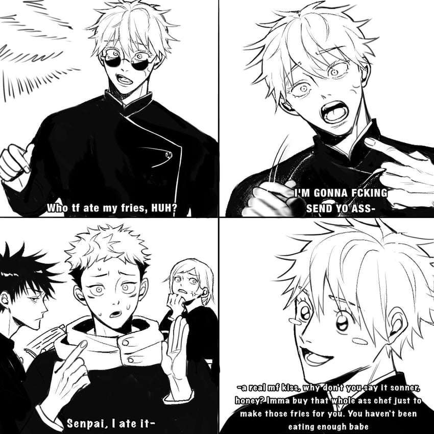 gojou satoru, itadori yuuji, fushiguro megumi, and kugisaki nobara (jujutsu kaisen) drawn by pleaseeatpho