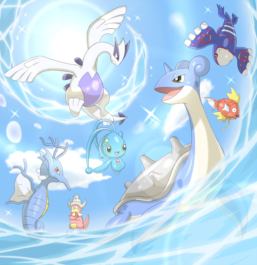 lapras, magikarp, lugia, kyogre, manaphy, and 2 more (pokemon) drawn by mariotoko