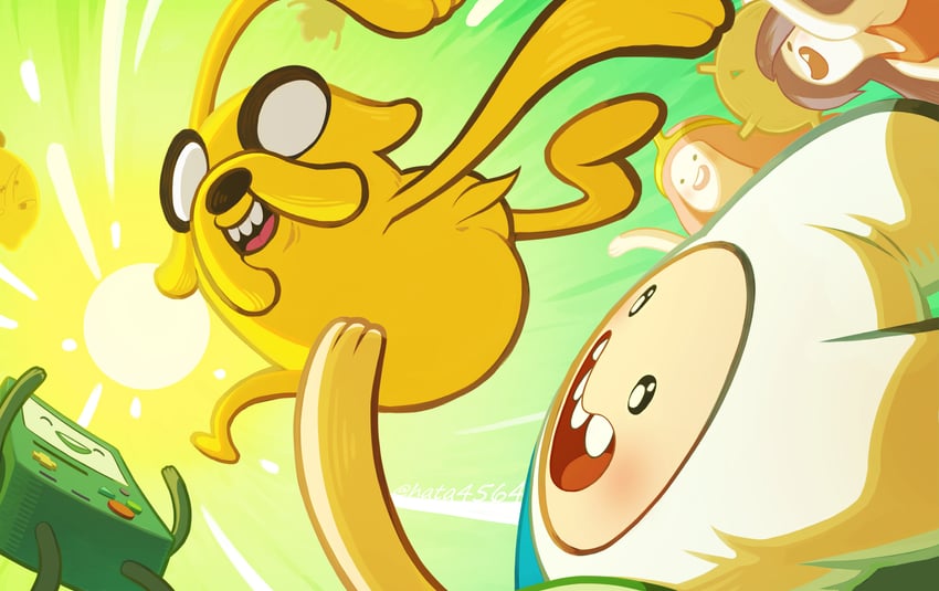 marceline abadeer, princess bonnibel bubblegum, finn the human, jake the dog, and bmo (adventure time) drawn by hata4564