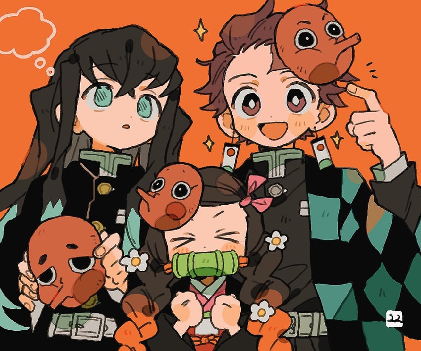 kamado nezuko, kamado tanjirou, and tokitou muichirou (kimetsu no yaiba) drawn by zettai_22