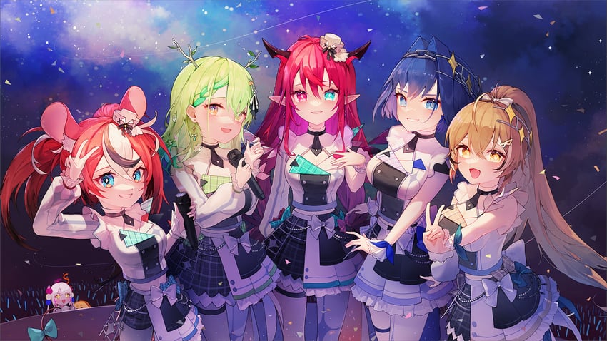 ouro kronii, nanashi mumei, hakos baelz, ceres fauna, irys, and 1 more (hololive and 1 more) drawn by happyongdal