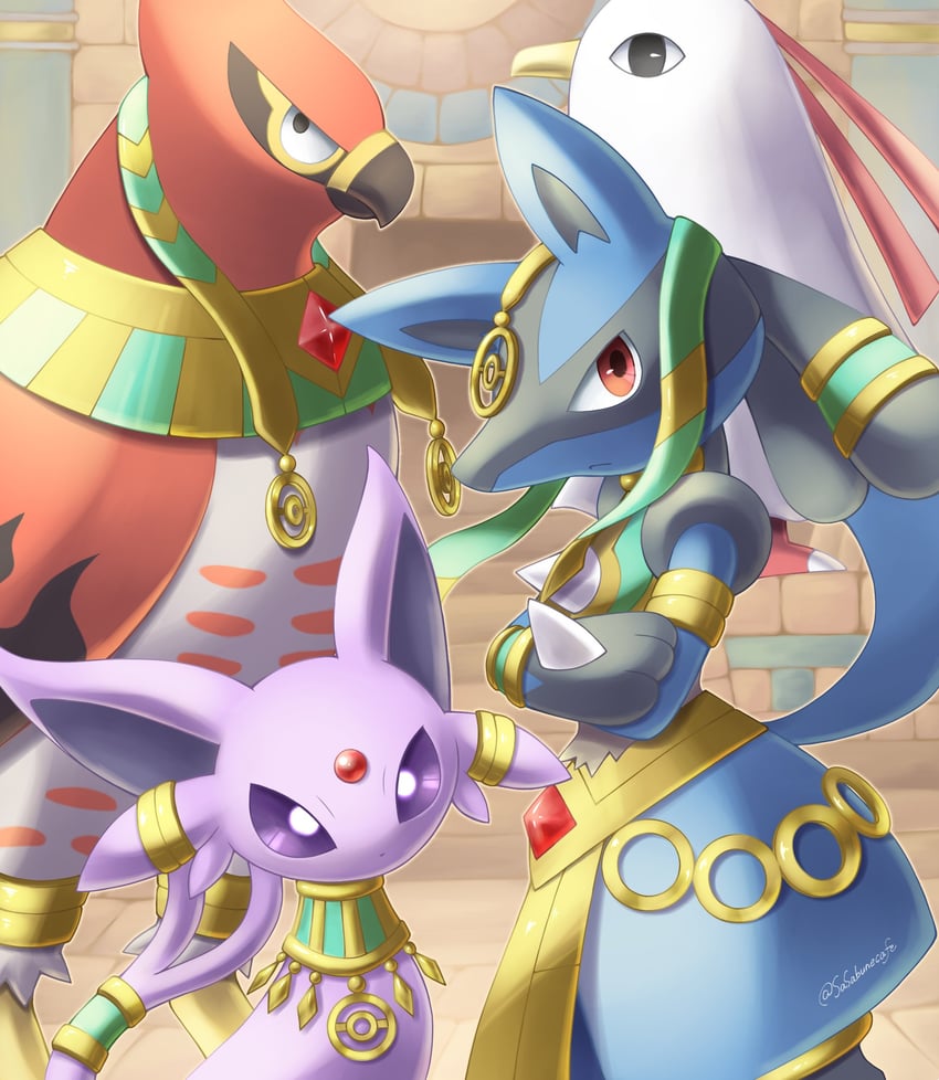 lucario, espeon, xatu, talonflame, and medjed (pokemon and 2 more) drawn by sasabunecafe