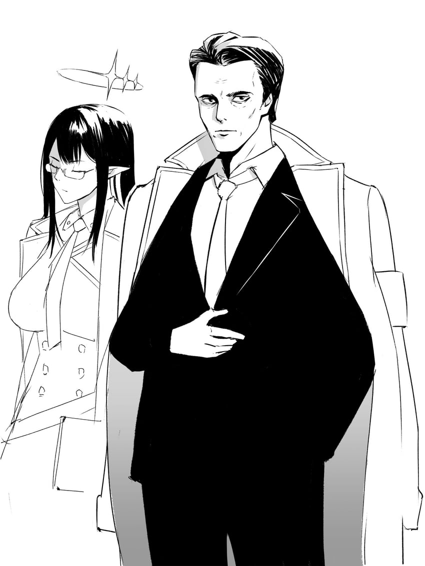 rin and patrick bateman (blue archive and 1 more) drawn by yblndr
