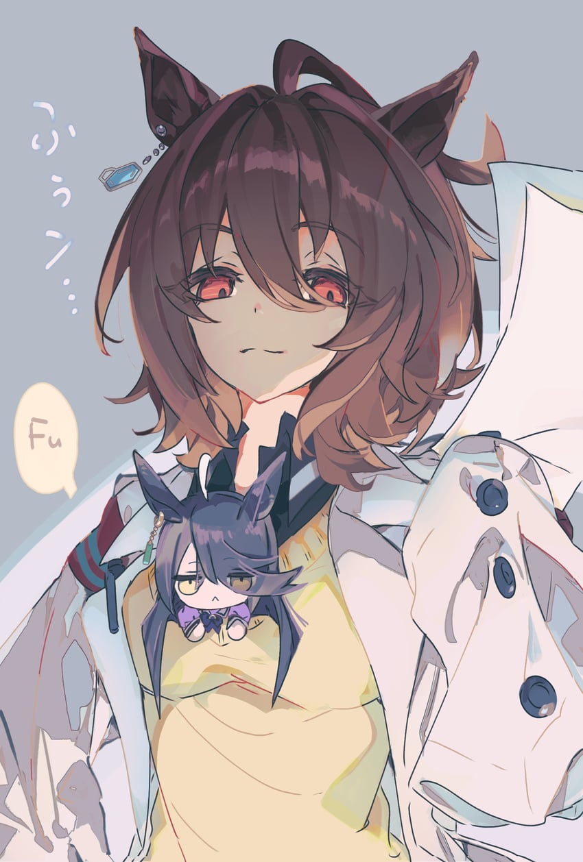 trainer, agnes tachyon, and manhattan cafe (umamusume) drawn by kumano_iroha