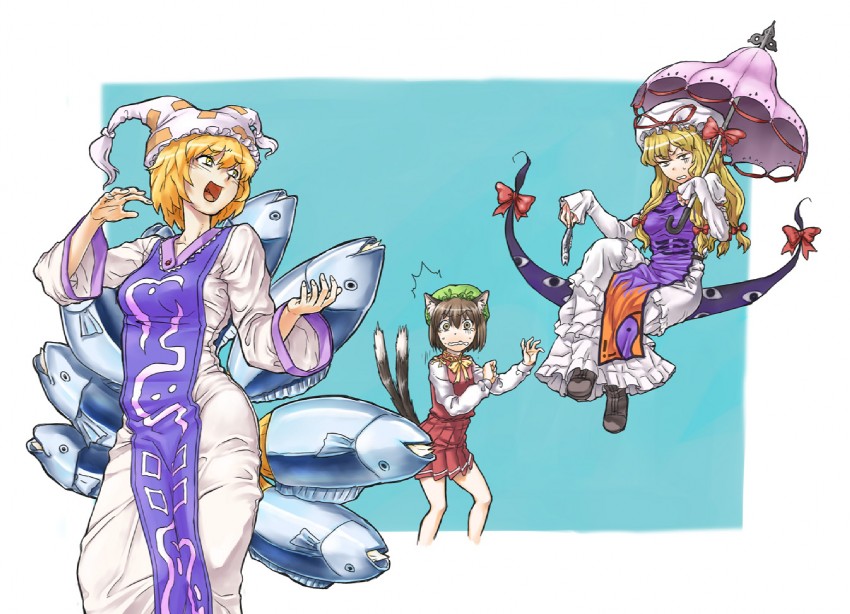 yakumo yukari, yakumo ran, and chen (touhou) drawn by abua