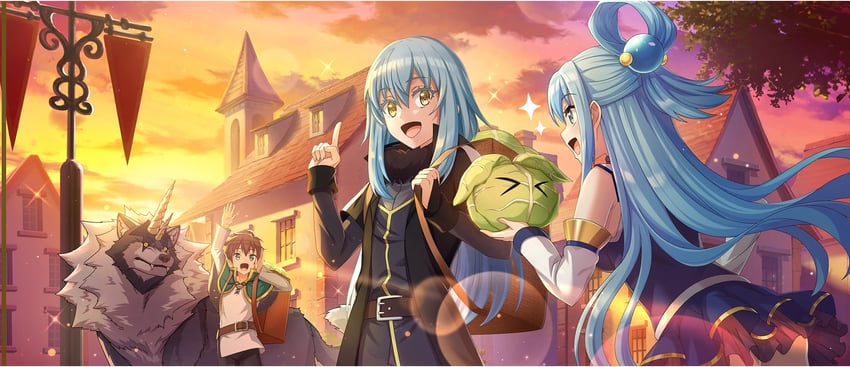 aqua, satou kazuma, rimuru tempest, cabbage, and ranga (kono subarashii sekai ni shukufuku wo! and 2 more)
