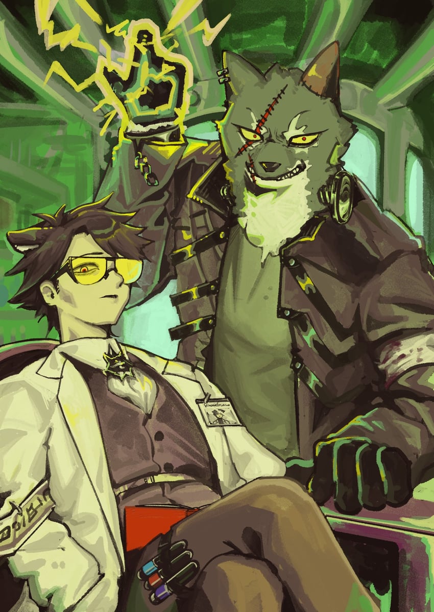 frankenstein's monster, gambino, capone, and victor frankenstein (arknights and 1 more) drawn by helpme_erin
