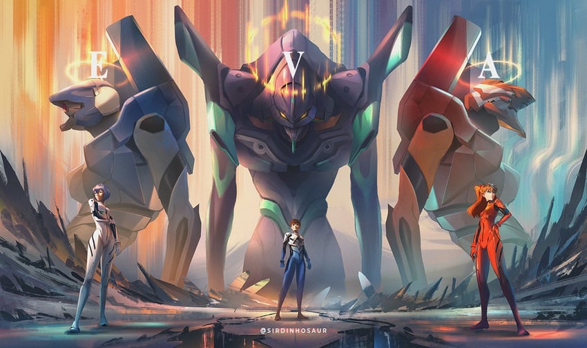 souryuu asuka langley, ayanami rei, ikari shinji, eva 02, eva 01, and 1 more (neon genesis evangelion) drawn by dinhosaur