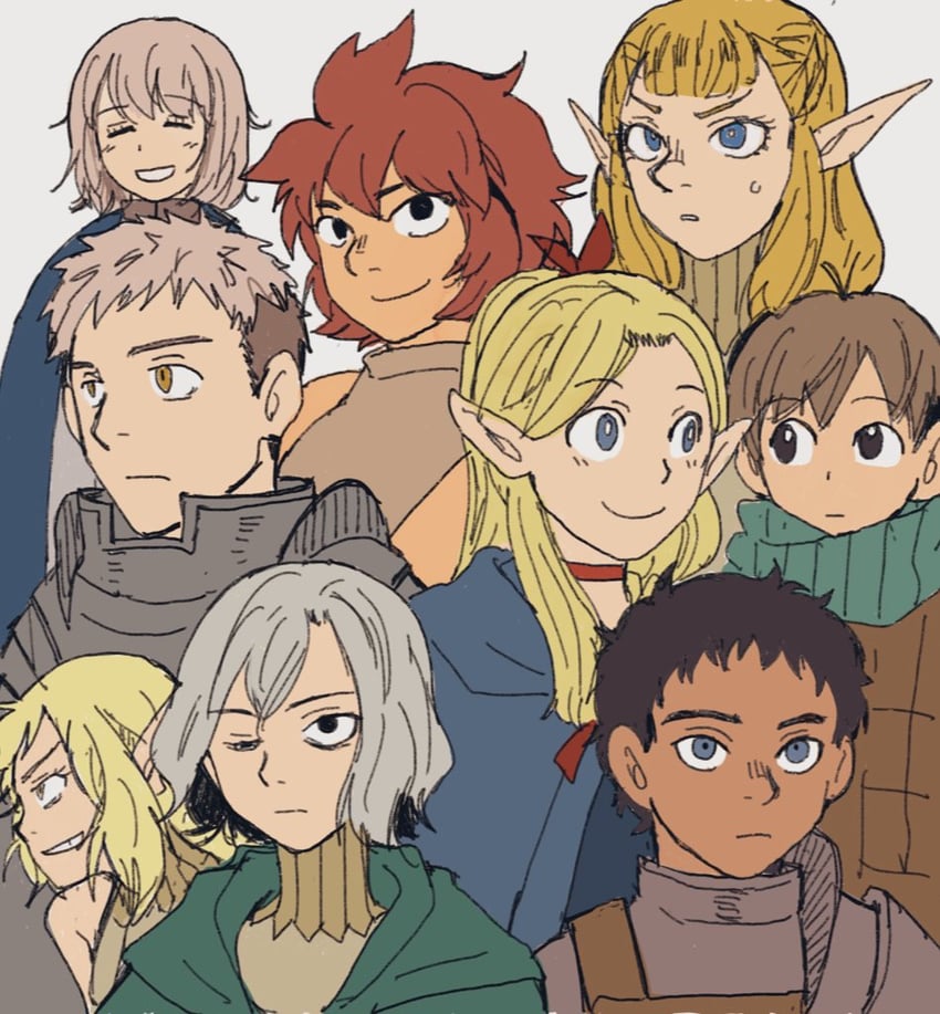 marcille donato, falin touden, laios touden, mithrun, kabru, and 4 more (dungeon meshi) drawn by uk2521