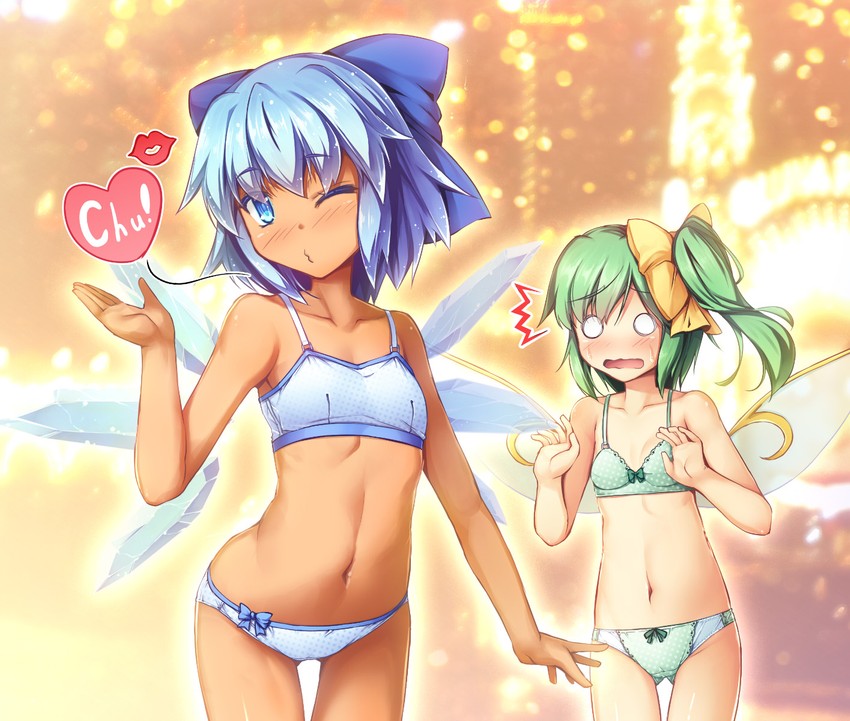 cirno, daiyousei, and tanned cirno (touhou) drawn by chima_q