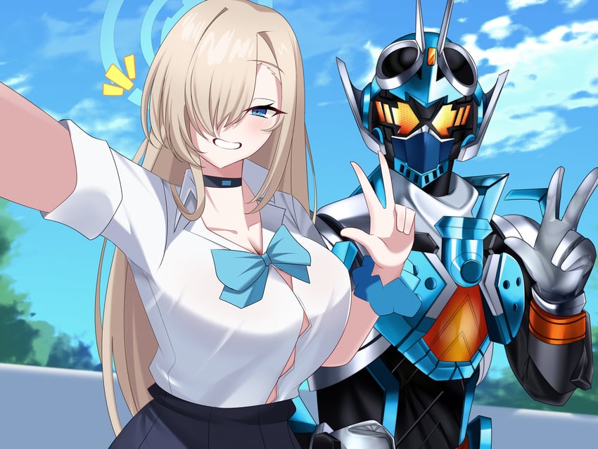 asuna and kamen rider gotchard (blue archive and 2 more) drawn by reiei_8