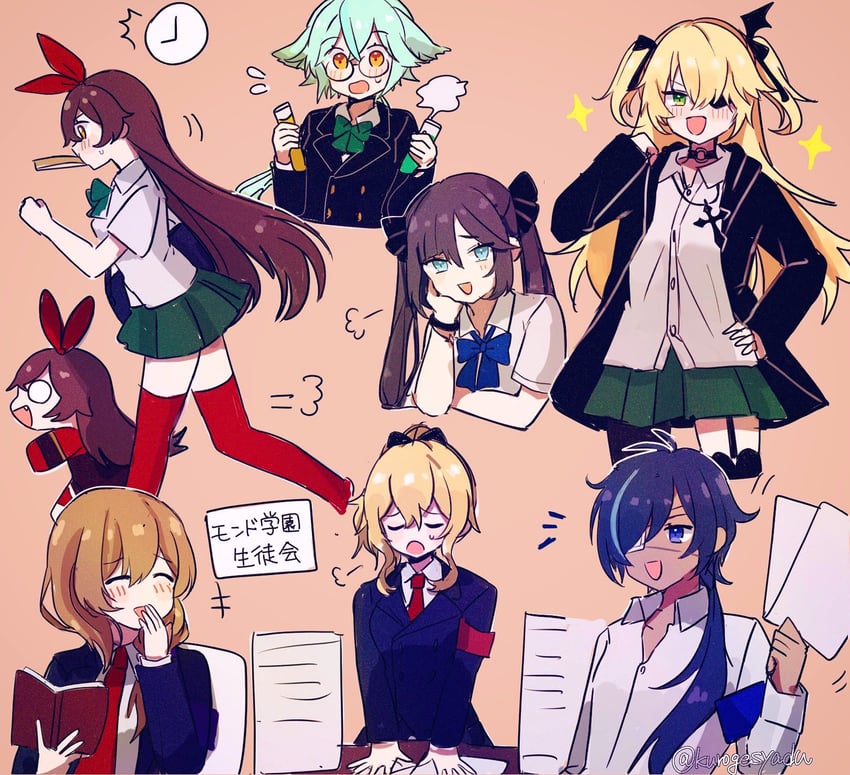 mona, fischl, jean, amber, kaeya, and 3 more (genshin impact) drawn by kuromu_shado