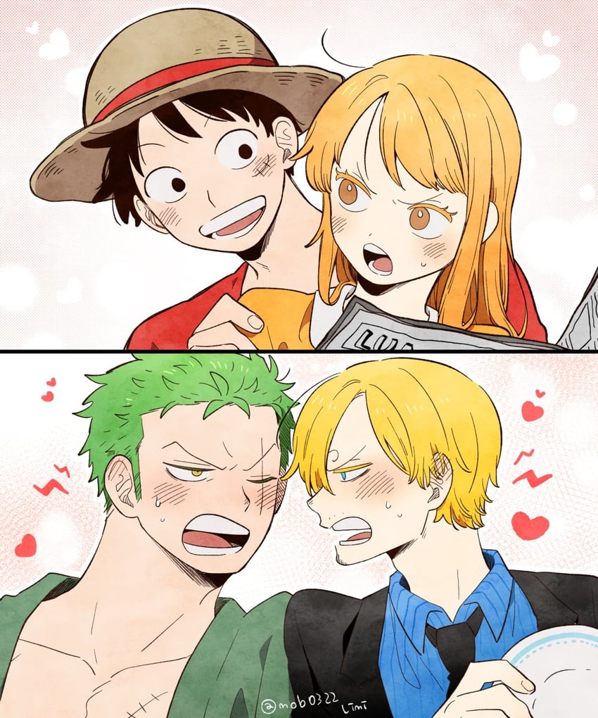 nami, monkey d. luffy, roronoa zoro, and sanji (one piece) drawn by mob0322