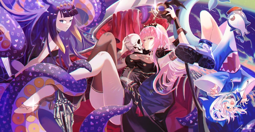 gawr gura, mori calliope, ninomae ina'nis, and bloop (hololive and 1 more) drawn by astrovique