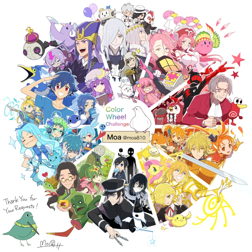 patchouli knowledge, gotoh hitori, kirby, oberon, kurumi erika, and 54 more (touhou and 62 more) drawn by hato_moa