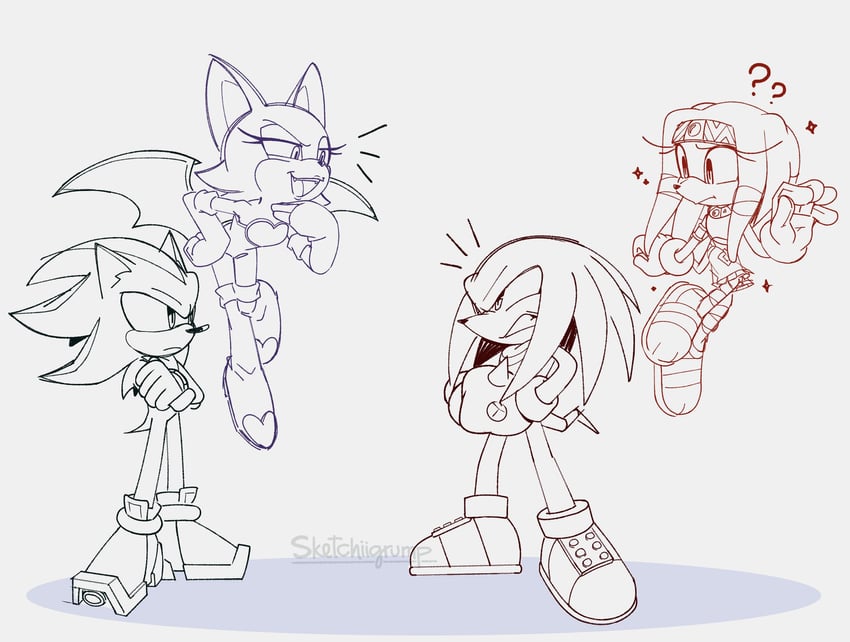 shadow the hedgehog, rouge the bat, knuckles the echidna, and tikal the echidna (sonic) drawn by tpasterelix