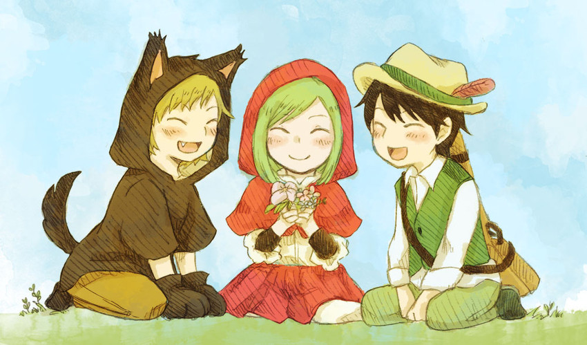 little red riding hood, kido tsubomi, kano shuuya, and seto kousuke (kagerou project and 1 more) drawn by yellowiris