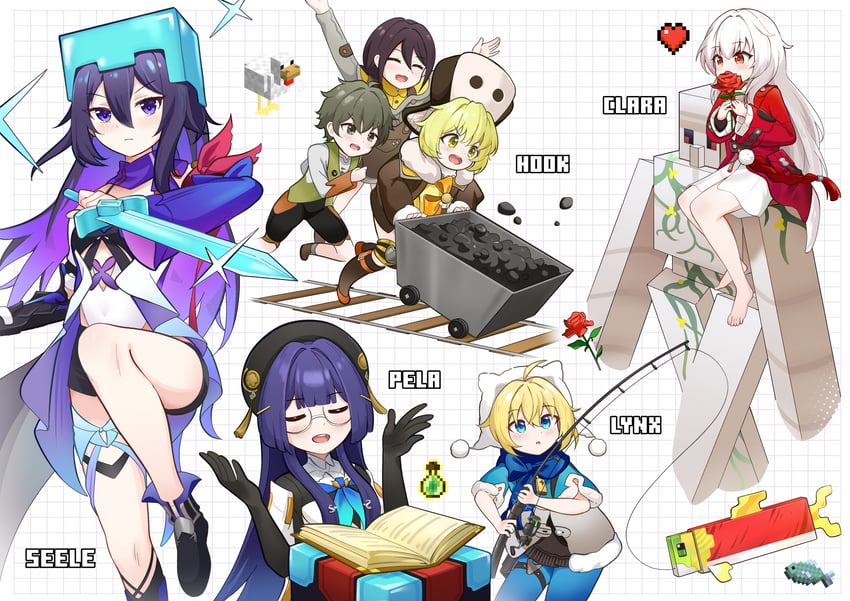 seele, clara, pela, lynx landau, hook, and 3 more (honkai and 2 more) drawn by aviary