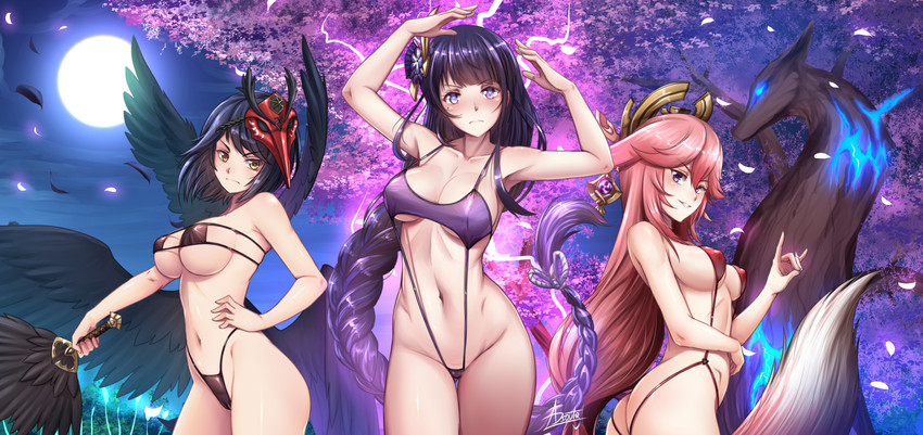 raiden shogun, yae miko, and kujou sara (genshin impact) drawn by adsouto