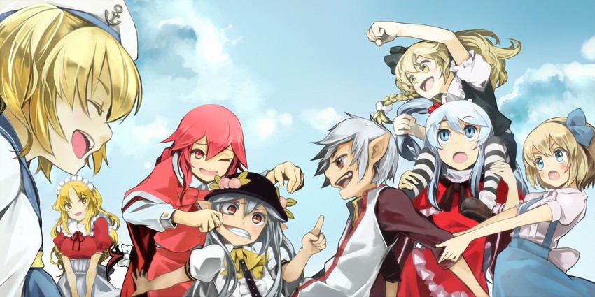 alice margatroid, hinanawi tenshi, shinki, okazaki yumemi, yumeko, and 4 more (touhou and 2 more) drawn by yunar