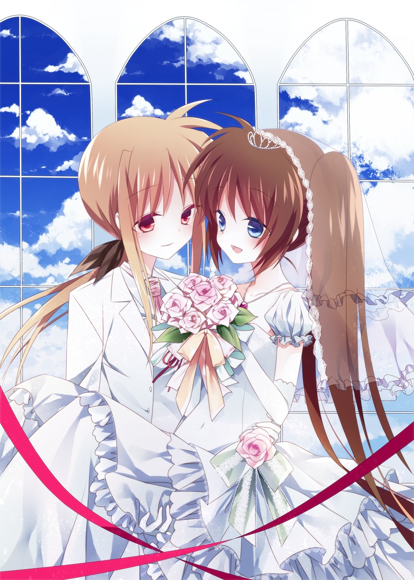 fate testarossa, takamachi nanoha, and raising heart (lyrical nanoha and 1 more) drawn by nishina_(alive001)