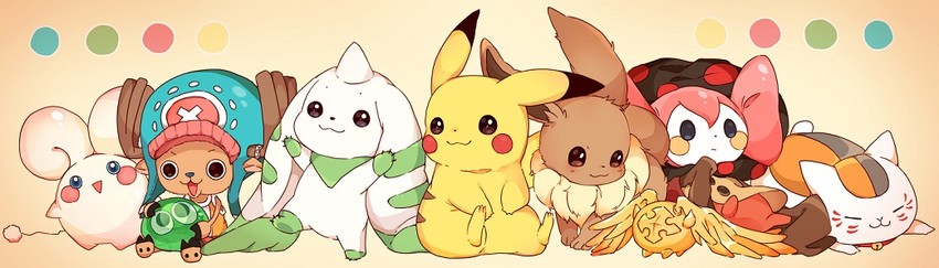 pikachu, eevee, charlotte, tony tony chopper, puyo, and 4 more (pokemon and 7 more) drawn by hiro_(14806390)