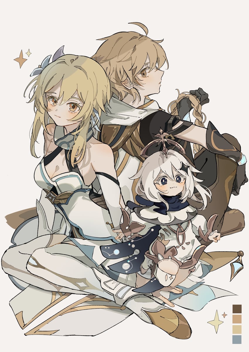 lumine, aether, and paimon (genshin impact) drawn by note_nii
