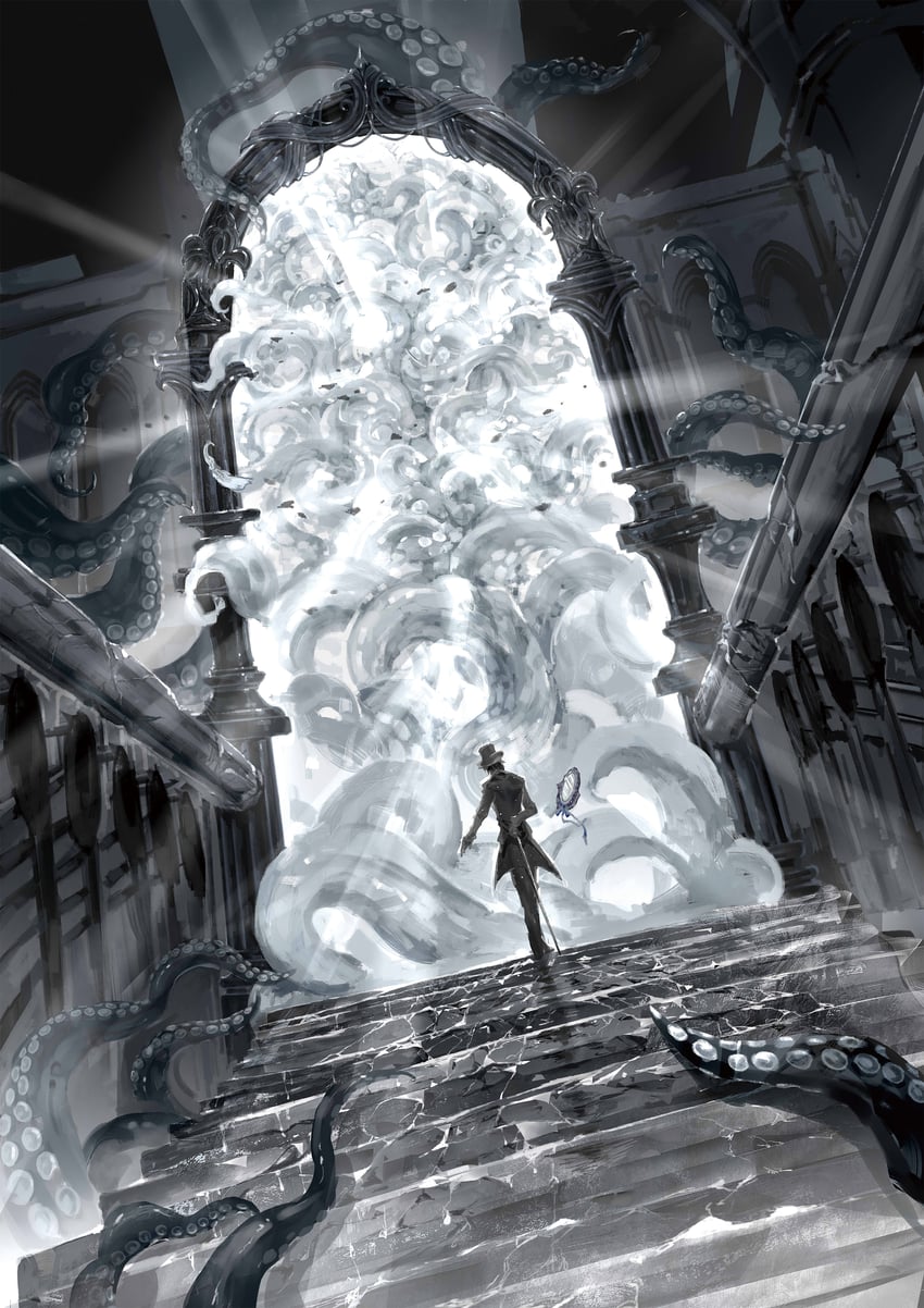 klein moretti, arrodes, and the celestial worthy of heaven and earth (lord of the mysteries) drawn by lunara