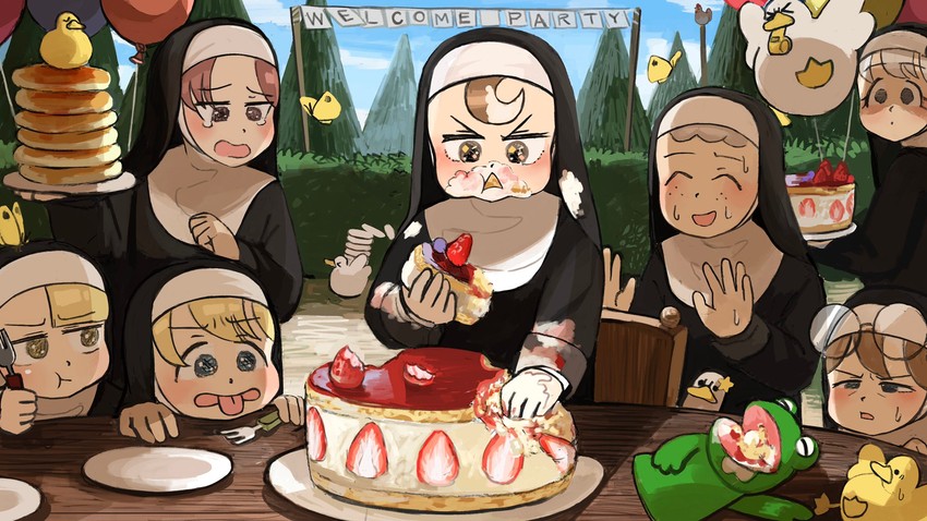 clumsy nun, froggy nun, spicy nun, sheep nun, glasses nun, and 2 more (little nuns) drawn by diva_(hyxpk)