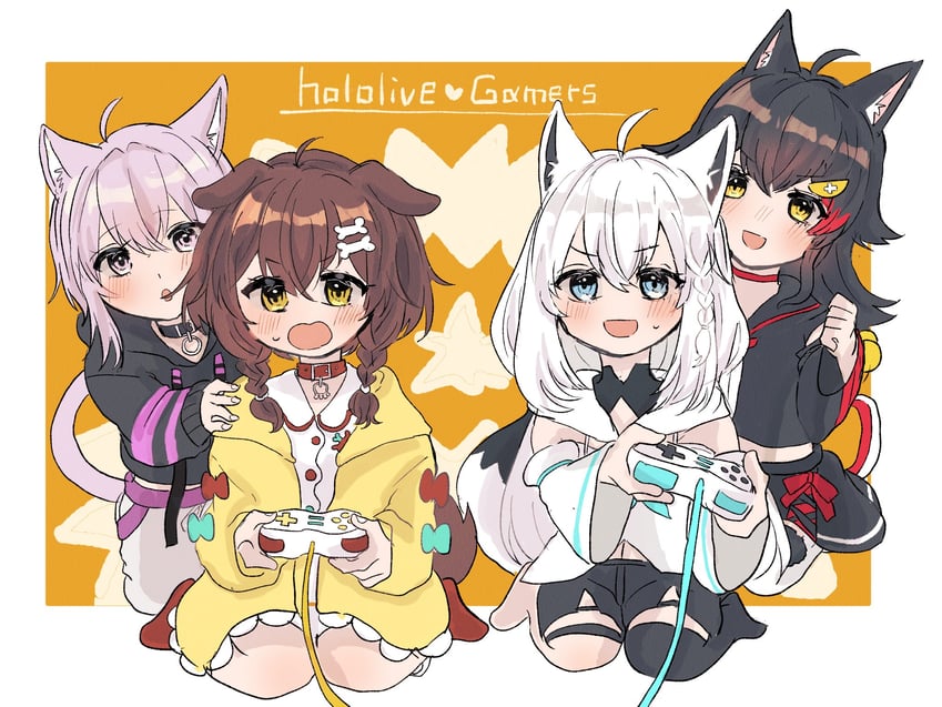 shirakami fubuki, nekomata okayu, ookami mio, and inugami korone (hololive) drawn by horomiya