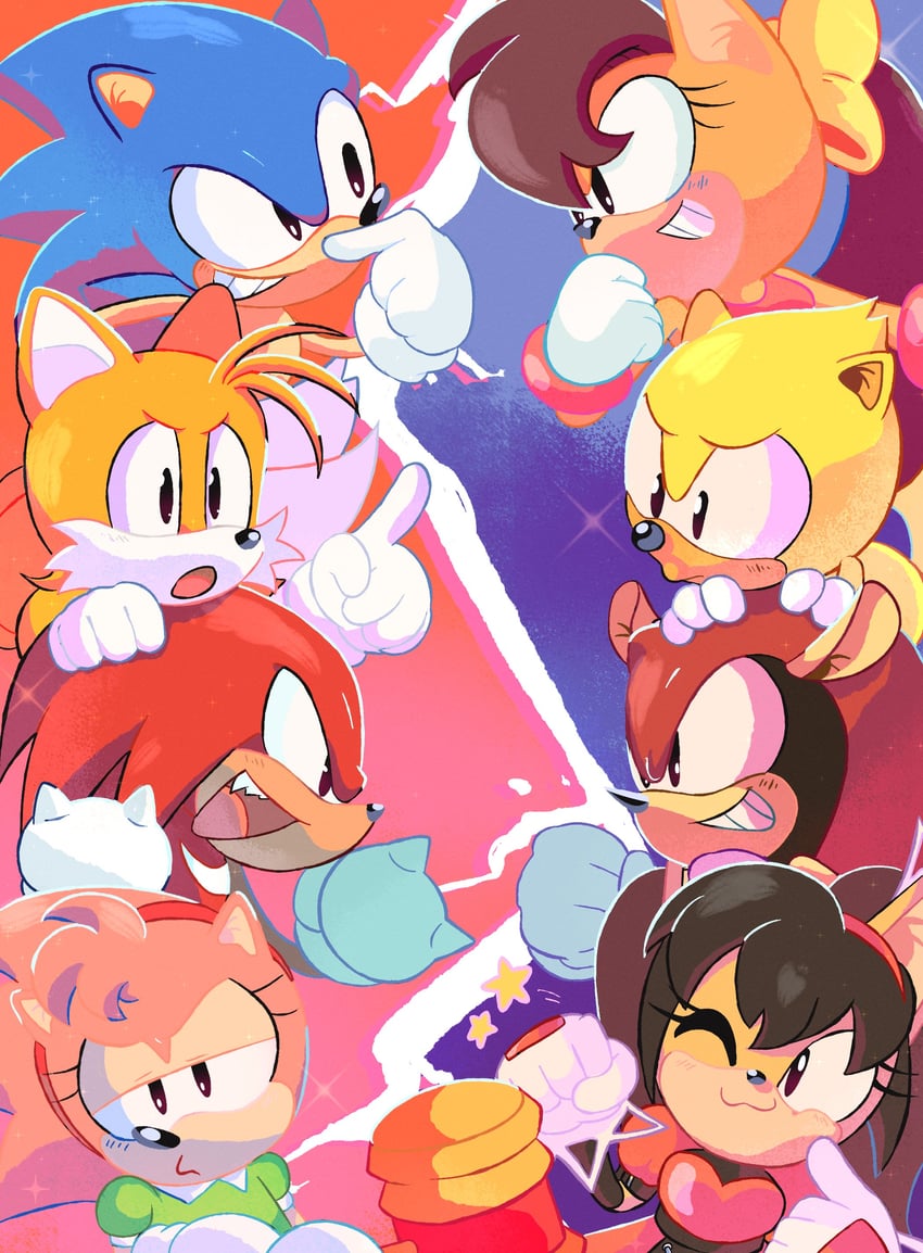 sonic the hedgehog, amy rose, tails, knuckles the echidna, classic sonic, and 7 more (sonic and 4 more) drawn by stellarspin