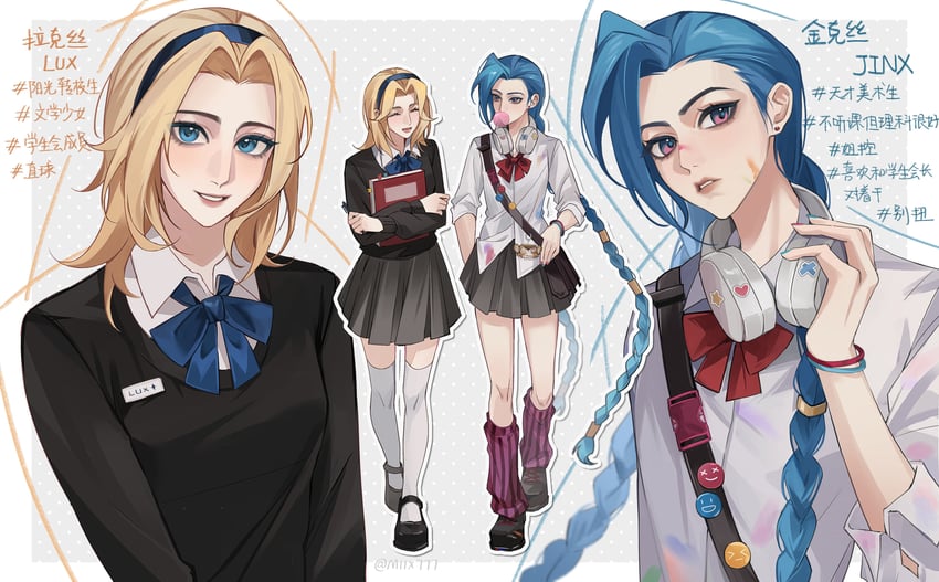 jinx, lux, and arcane jinx (league of legends and 1 more) drawn by miix777