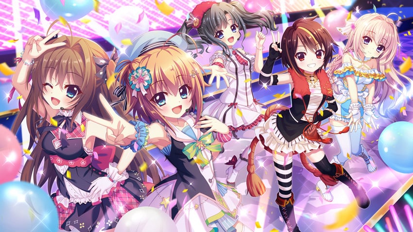 shikimiya mana, itsumura yukari, shikimiya aone, shiratori amaha, and bandou mikuru (re:stage!) drawn by izumi_tsubasu